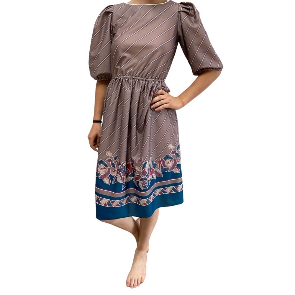 1980s Puff Sleeve Stretchy A-Line Dress – M